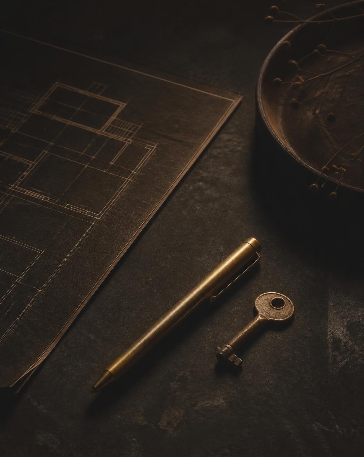 Blueprint, brass pen and key on a dark desk — representing the planning phase of Connect Sphere's onboarding process